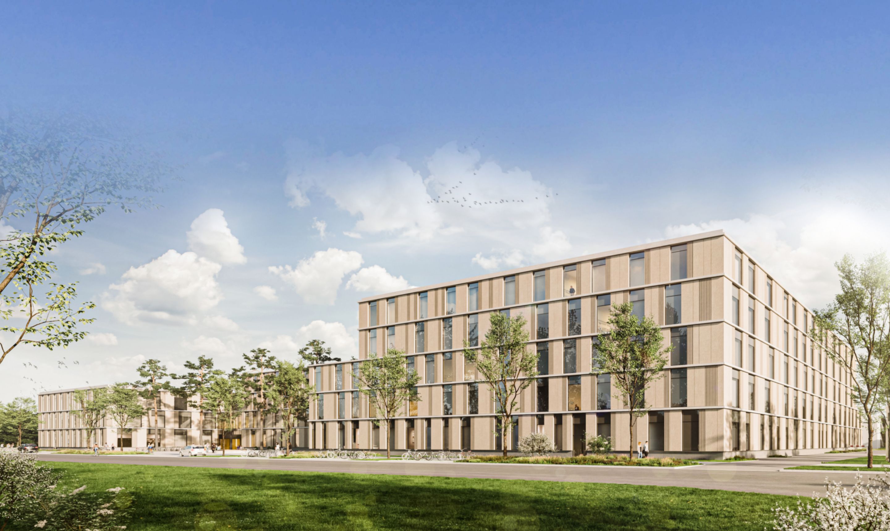 Architectural drawing of the planned Heart Centre: elongated building with up to four storeys, in red line style. When scrolling, the image changes into a colourful 3D visualisation with an oblique angle.