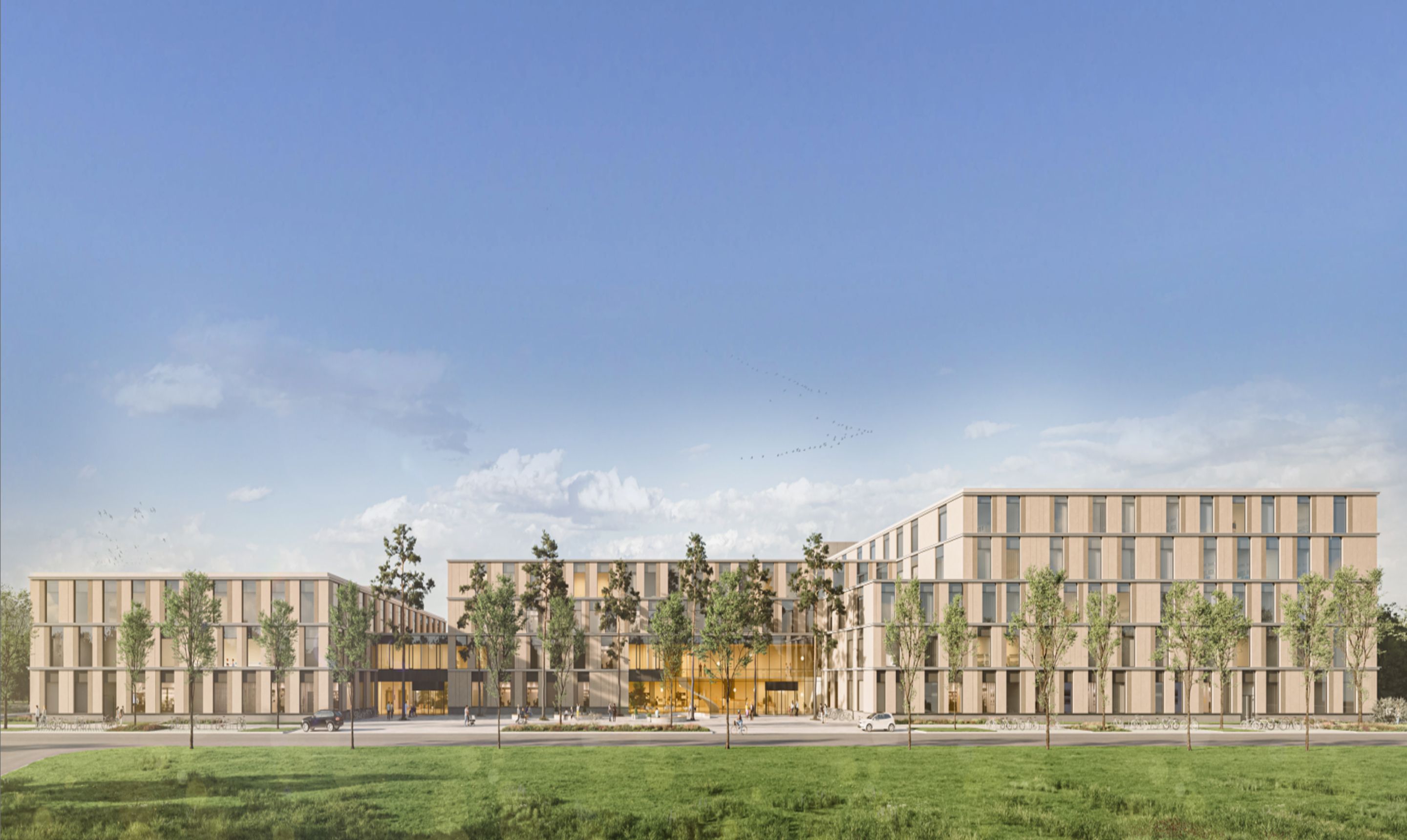 Architectural drawing of the Heart Centre with a straight view of an elongated, four-storey building. The red sketch transforms into a colourful architectural view when scrolling.