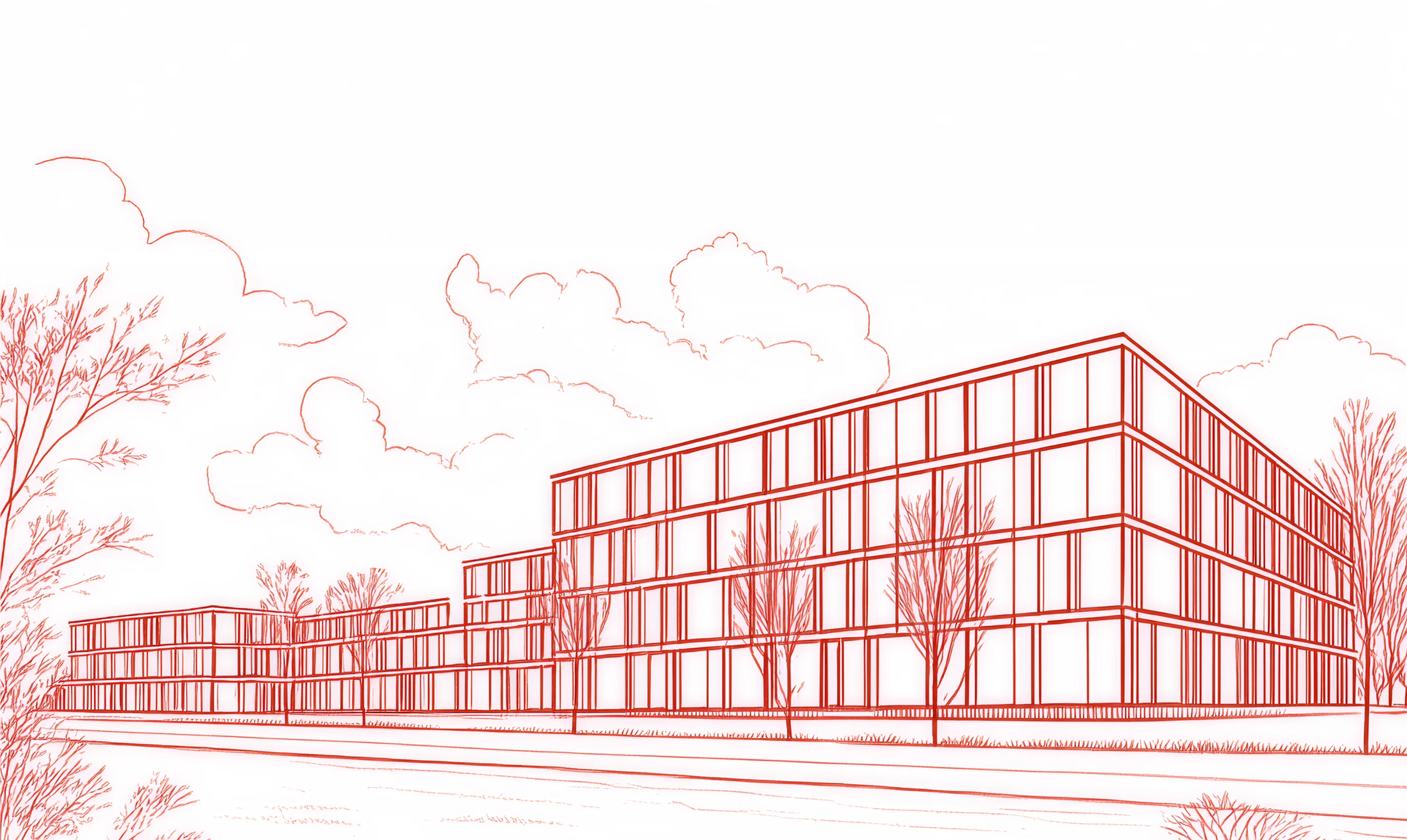 Architectural drawing of the planned Heart Centre: elongated building with up to four storeys, in red line style. When scrolling, the image changes into a colourful 3D visualisation with an oblique angle.