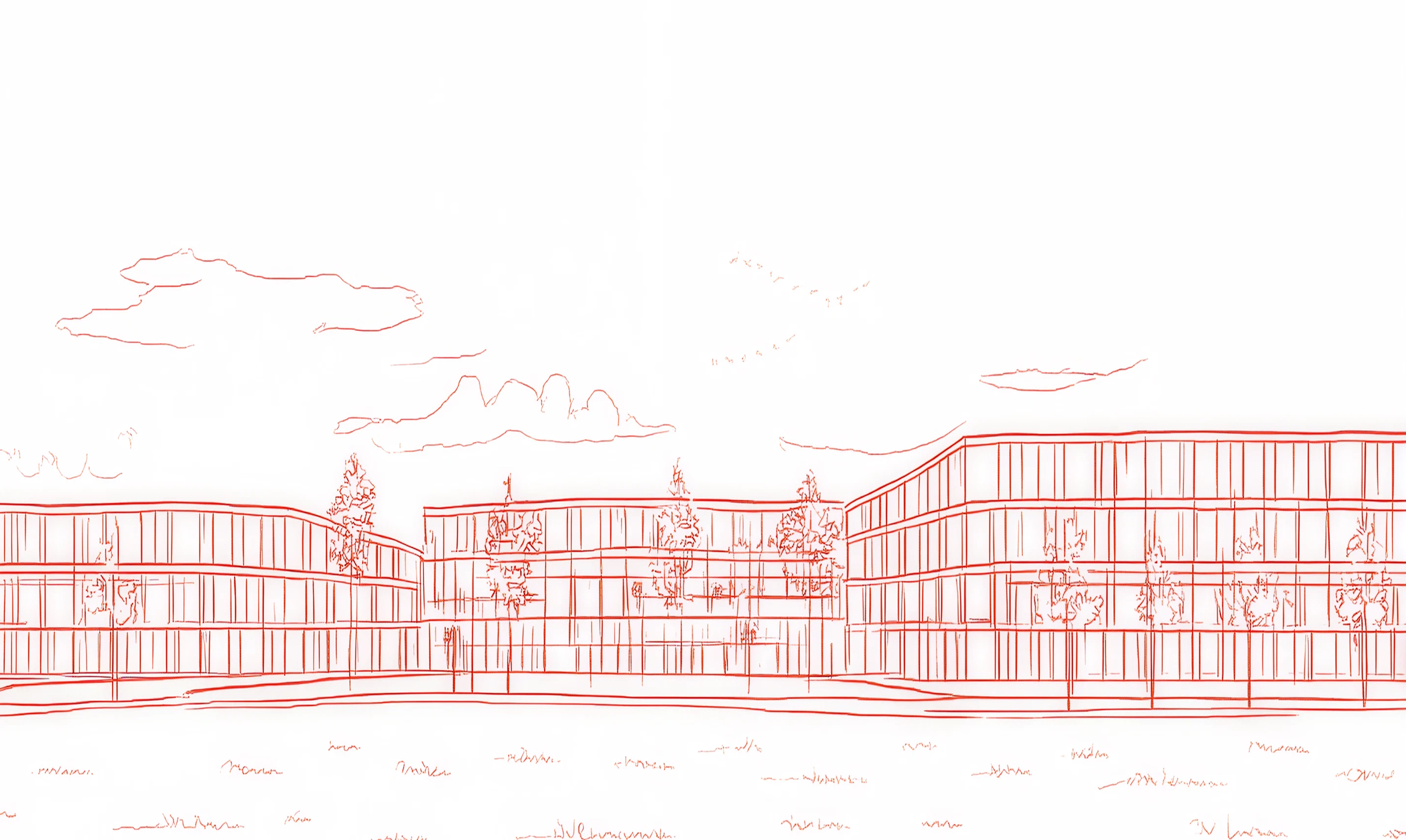 Architectural drawing of the Heart Centre with a straight view of an elongated, four-storey building. The red sketch transforms into a colourful architectural view when scrolling.