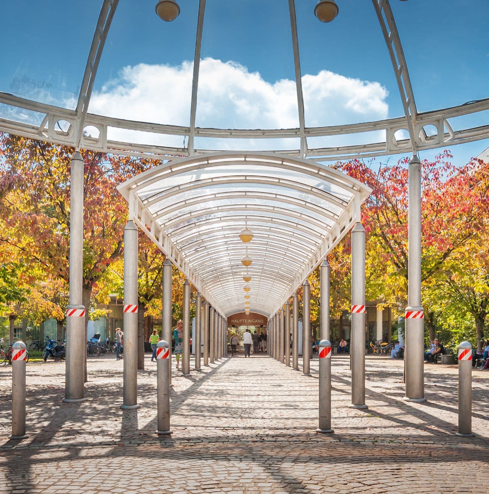 Exterior view of the children&rsquo;s hospital with its colorful glass facade.