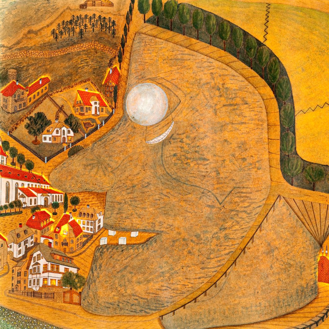 Painting by August Natterer from the Prinzhorn Collection: a head in profile, with houses in the background.