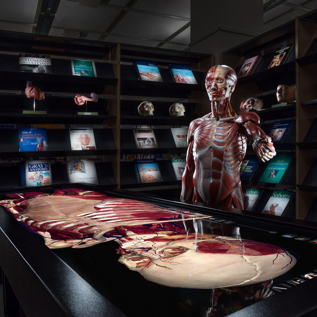 Symbolic image for research: A person in a lab coat is looking into a scientific device bathed in blue light.