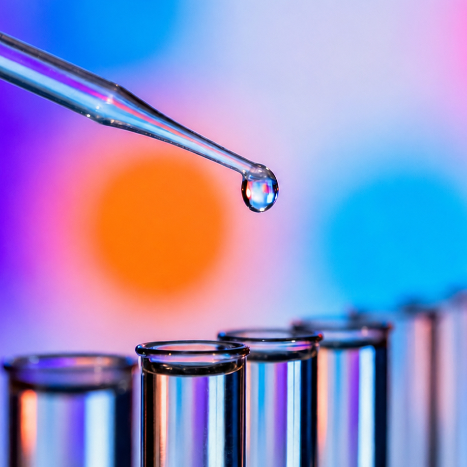 A pipette with a droplet above several laboratory tubes against a blue and orange background.
